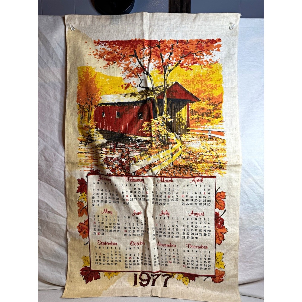 1977 Covered Bridge Autumn Leaves Fabric Calendar Towel Wall Hanging